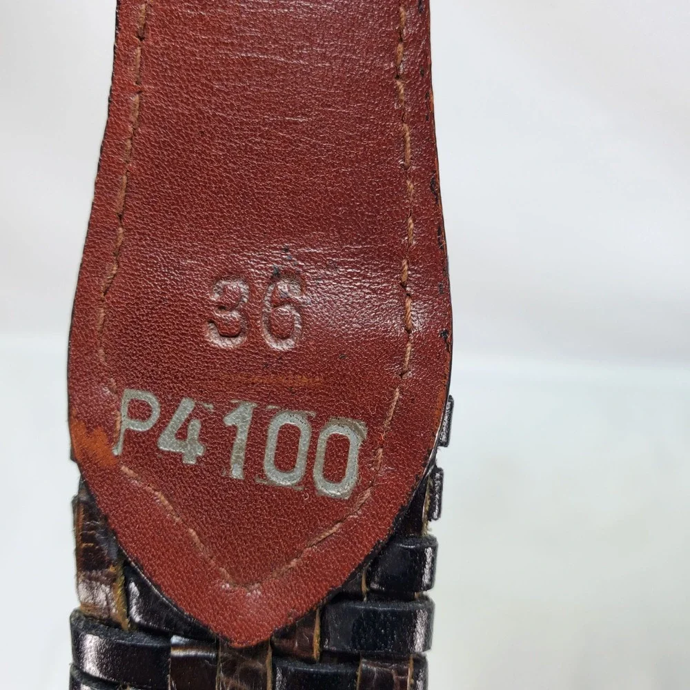 Brighton Woven Belt 36 Brown Black Lizard Embossed Leather P4100 Silver Buckle